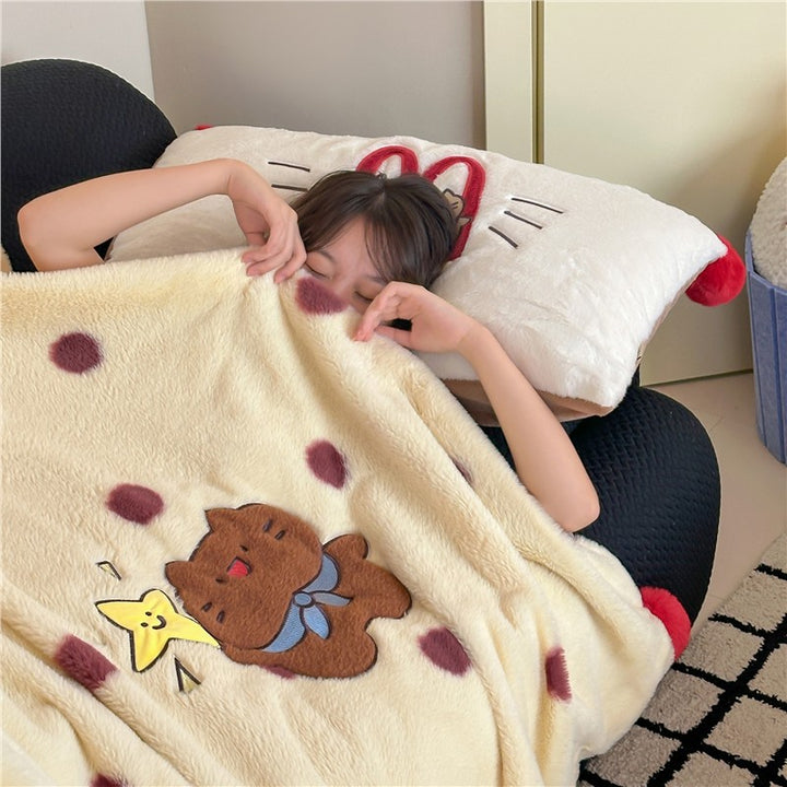 Extra soft microfleece throw blanket with embroidered teddy bear and polka dot design