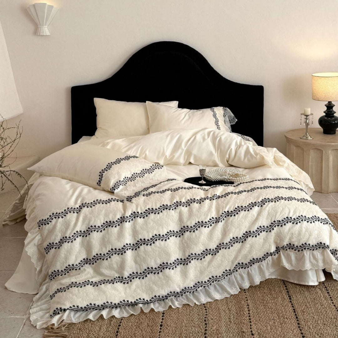 Embroidered Cotton Ruffled Duvet Cover Set with Eyelet Lace and Vine Stripe Motif