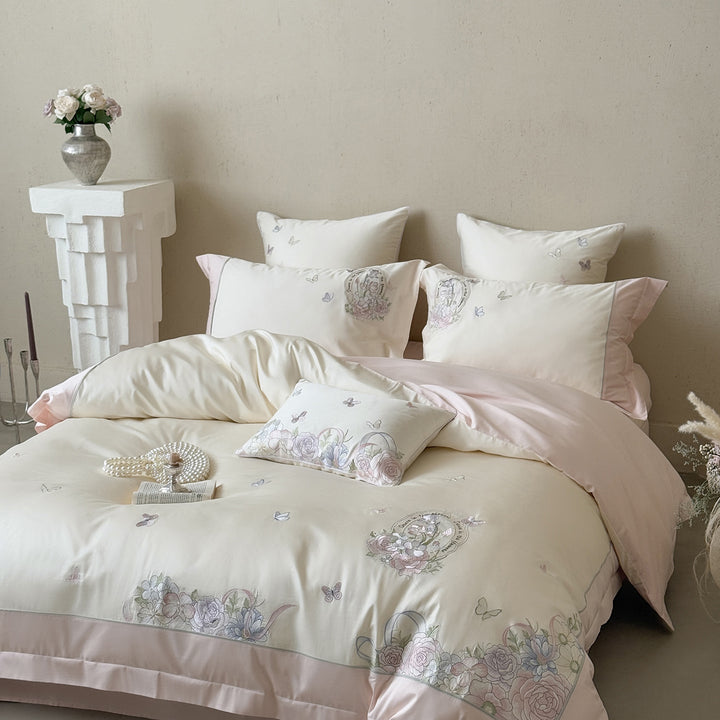 Embroidered Floral Cotton Sateen Duvet Cover Ensemble with Decorative Pillow Shams
