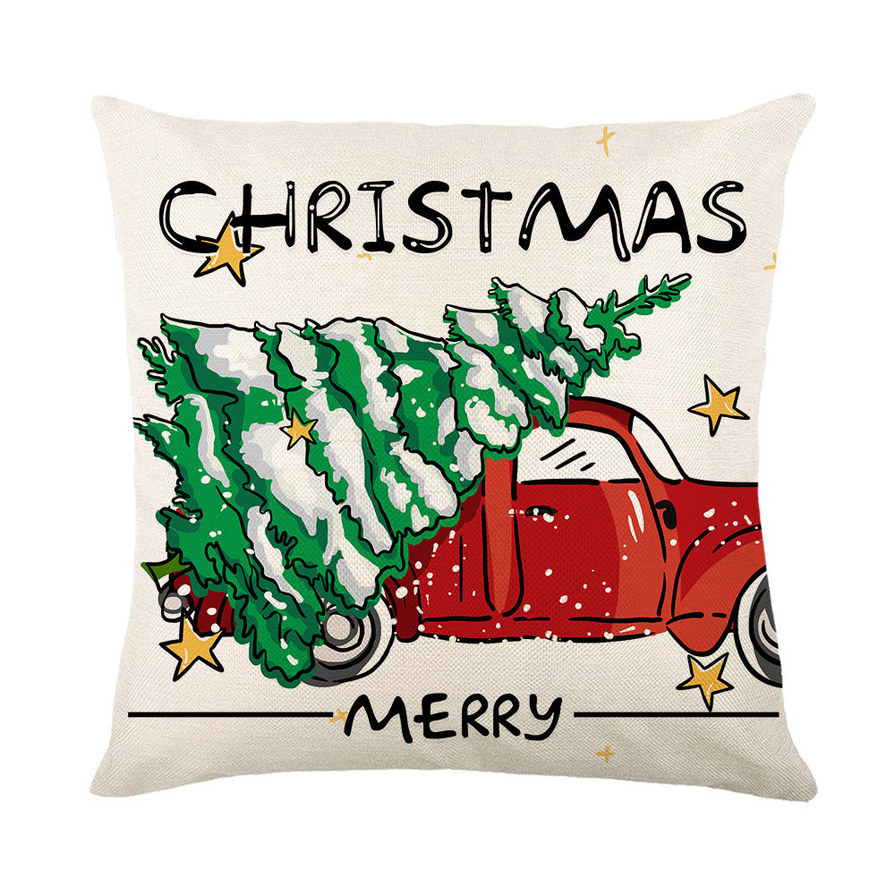 Holiday Linen Throw Pillow Cover with Merry Bright Script and Ribbon Bow Accent