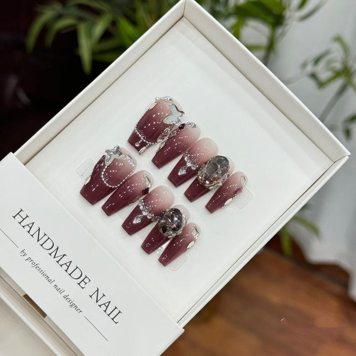 Handmade Acrylic Press-On Nail Set with Gem Accents
