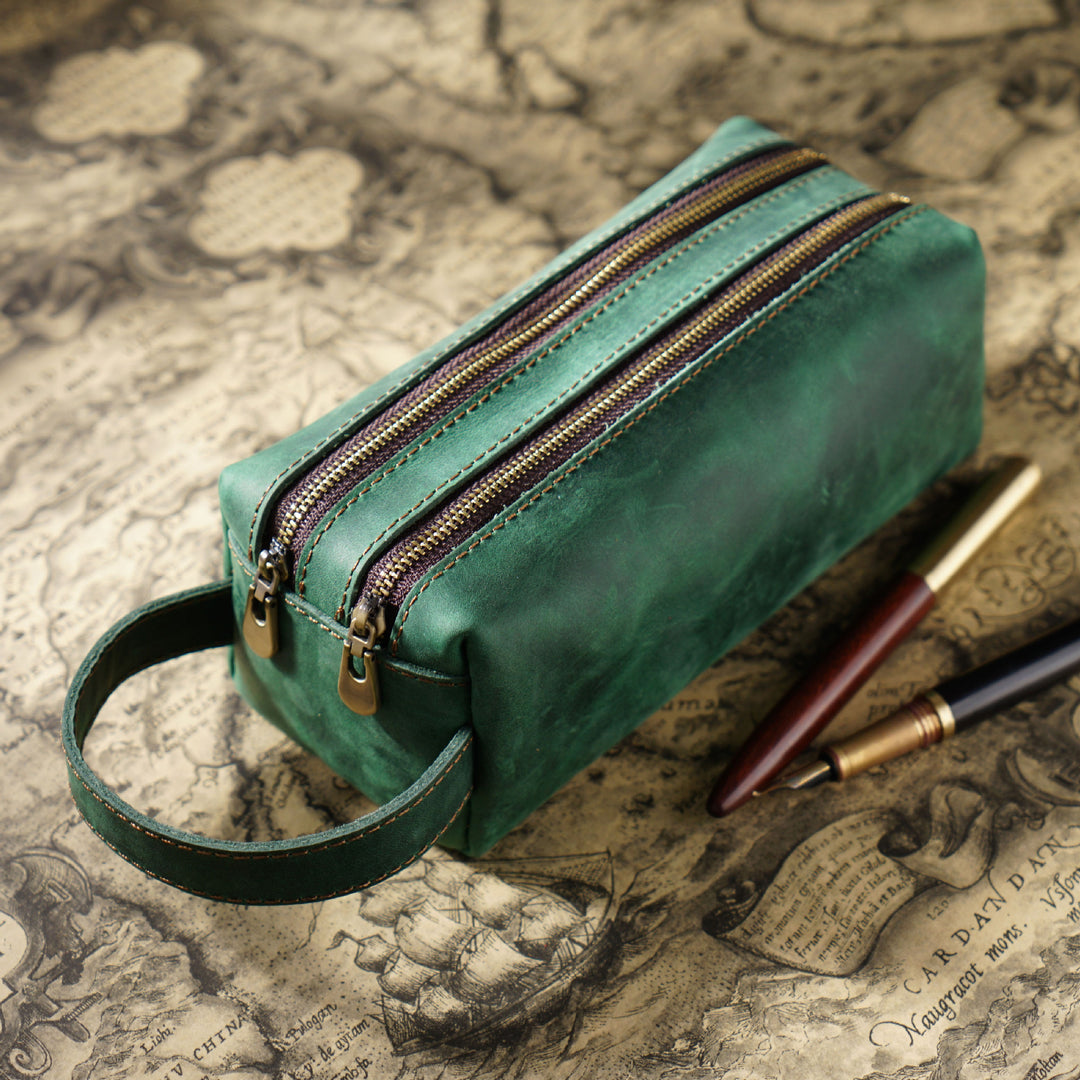 Dual-Zipper Leather Pencil Case