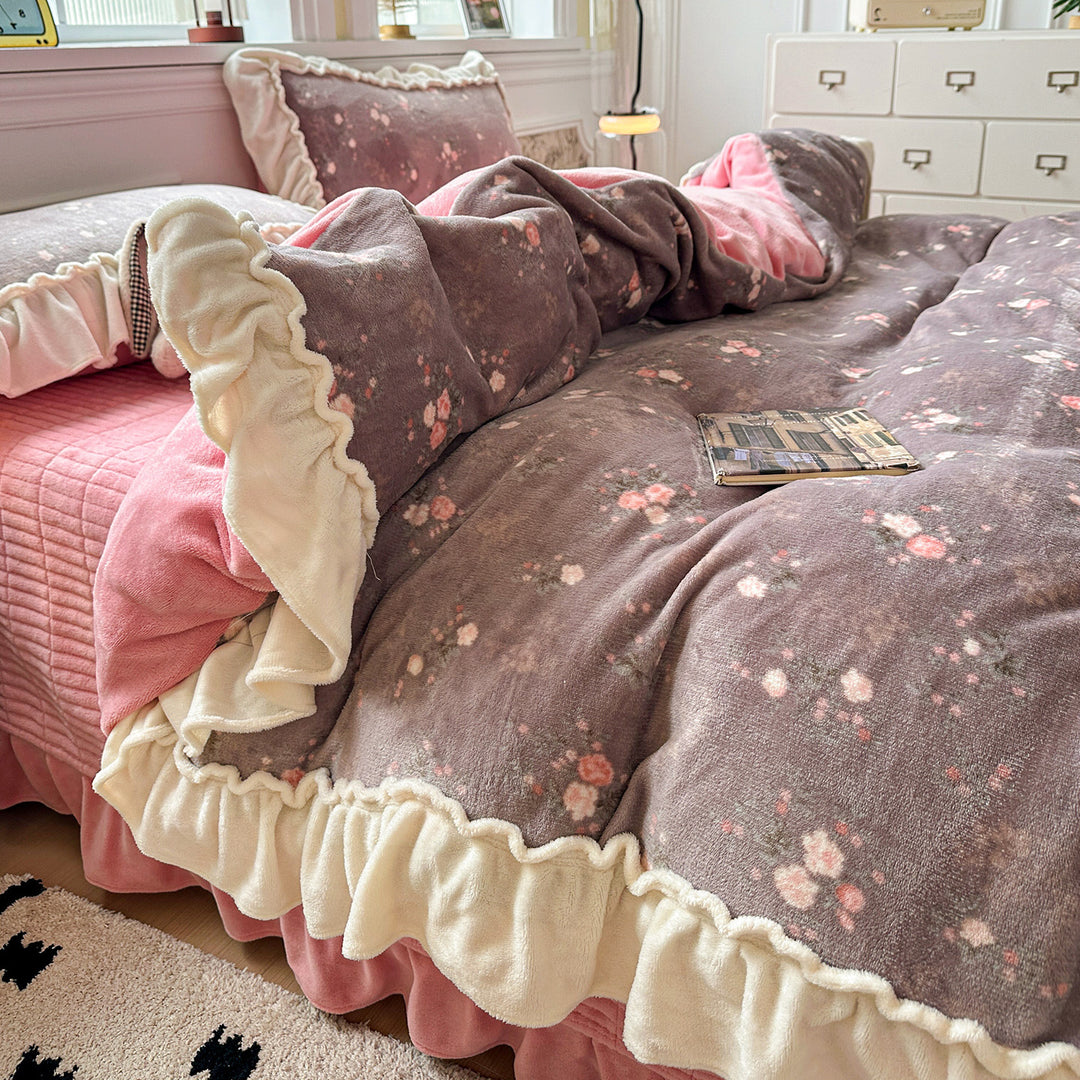 Reversible Plush Floral Comforter Set with Ruffled Skirt and Matching Pillow Shams