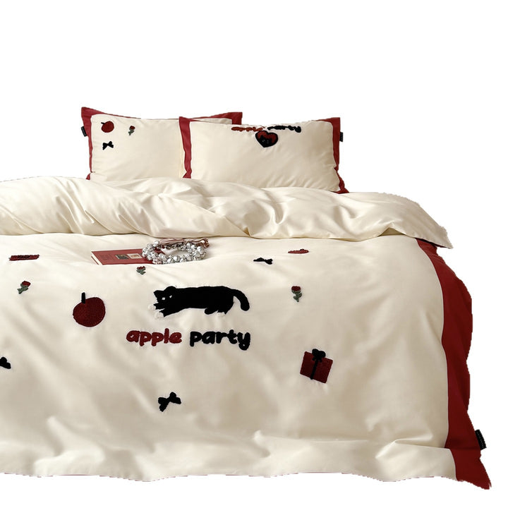 Embroidered Cotton-Blend Duvet Cover Set with Contrasting Border and Pillow Shams