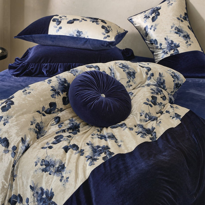 Velvet-Finish Reversible Comforter & Floral Panel Bed Ensemble