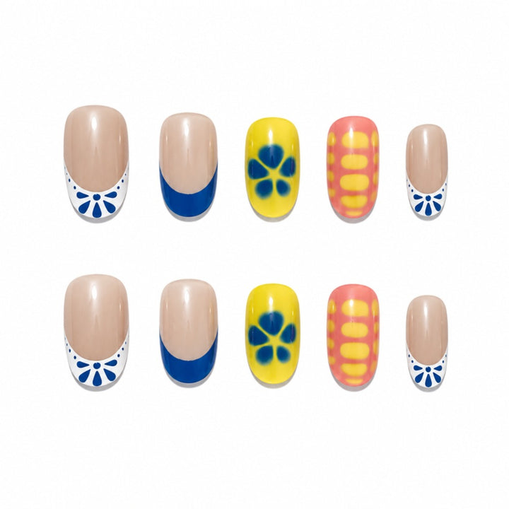 Artistic Press-On Nail Set with Floral and Geometric Designs Stornfield