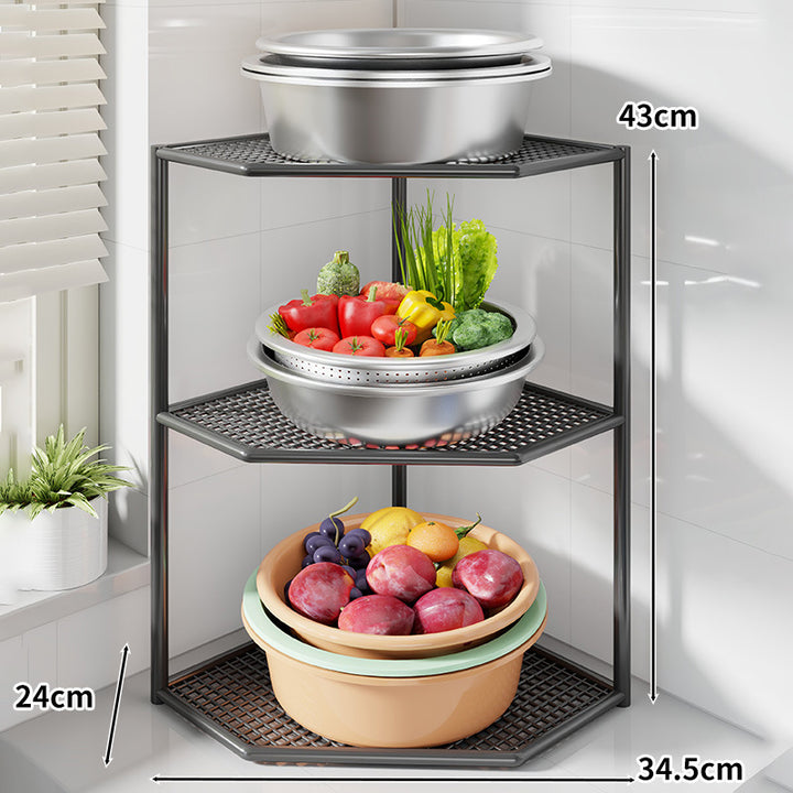 Three-Tier Corner Kitchen Countertop Organizer Shelf with Ventilated Metal Trays