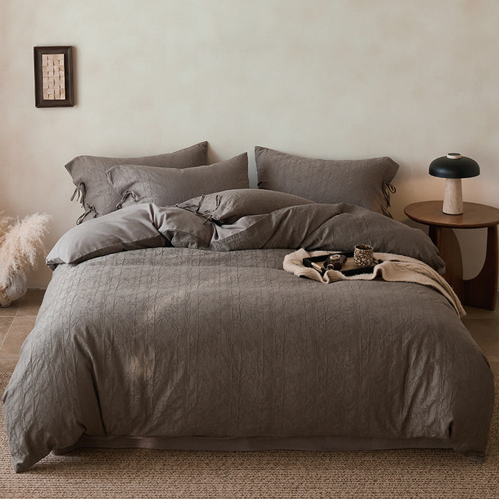 Embossed Botanical Jacquard Duvet Cover Set with Corner Ties and Envelope Shams