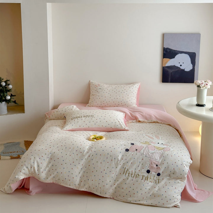 Kids Cotton Duvet Cover Set with Appliqué Bunny and Pastel Heart Print Reversible Lining