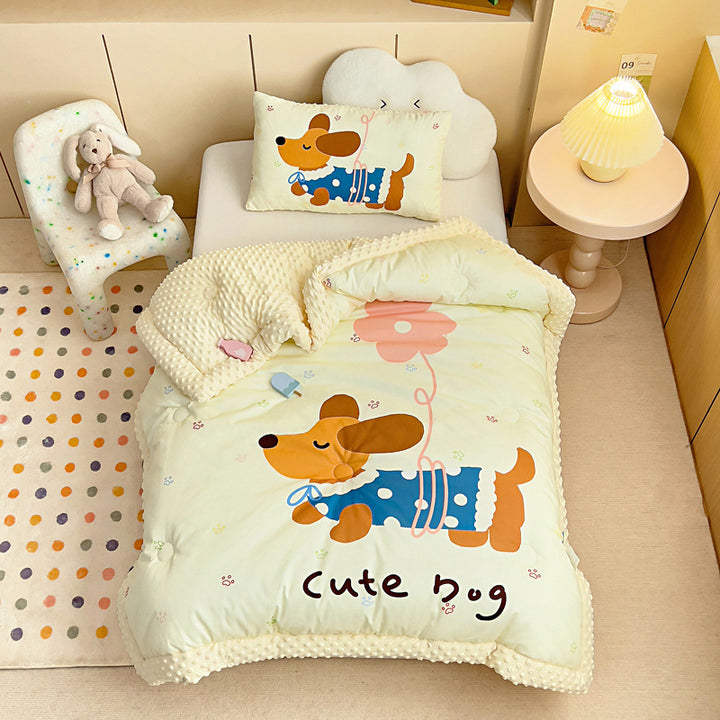Plush Reversible Toddler Duvet Cover Set with Cute Sleeping Bear Print and Minky Dot Trim