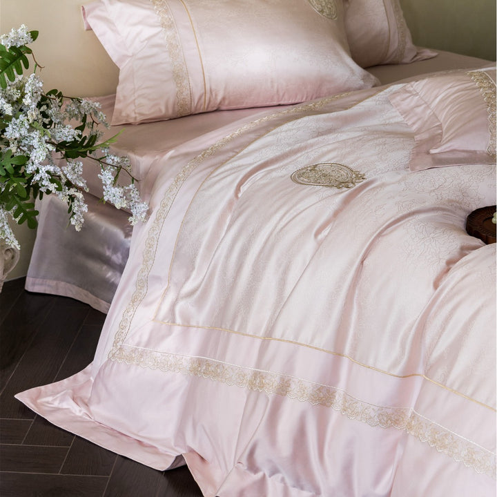 Luxury Embroidered Jacquard Sateen Duvet Cover Set with Lace Medallion Accents