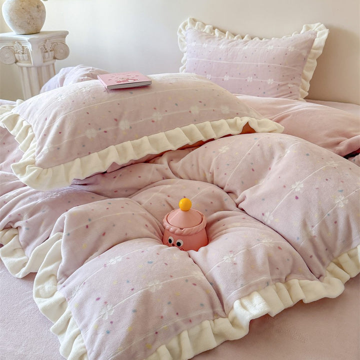 Ruffled Cotton Flannel Duvet Cover and Sham Bedding Set