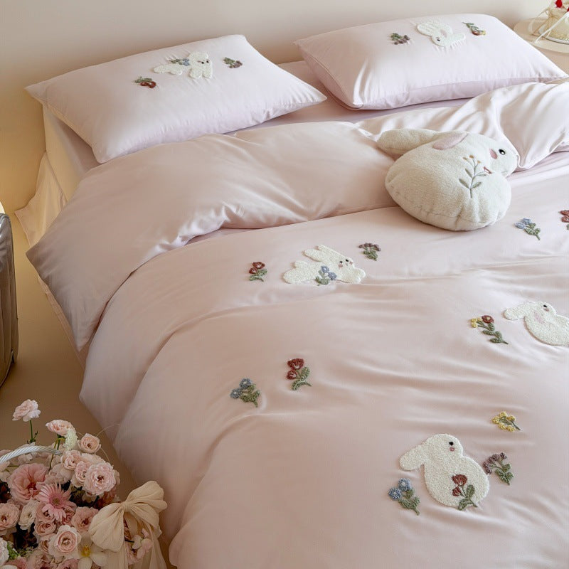 Embroidered Bunny Appliqué Satin-Feel Cotton Duvet Cover Set with Tufted Floral Accents
