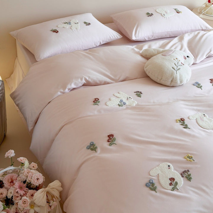 Embroidered Bunny Appliqué Satin-Feel Cotton Duvet Cover Set with Tufted Floral Accents