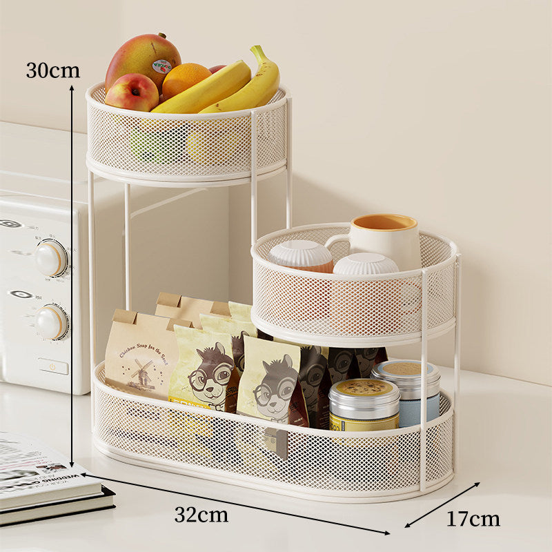 Staggered Three Tier Oval Mesh Countertop Organizer with Raised Circular Baskets