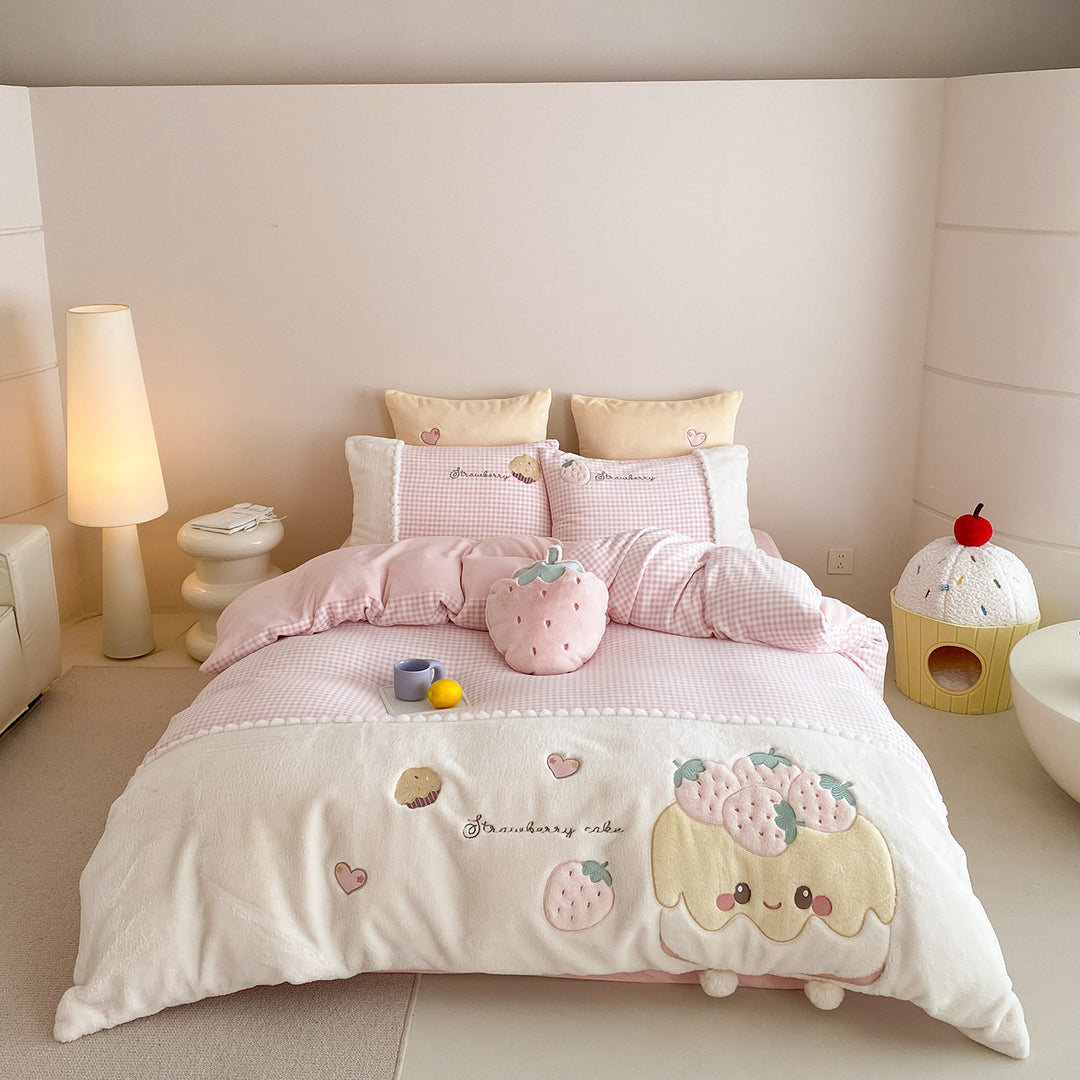 Reversible Plush Strawberry Embroidered Duvet Cover Set with Gingham Sheet & Pillow Shams