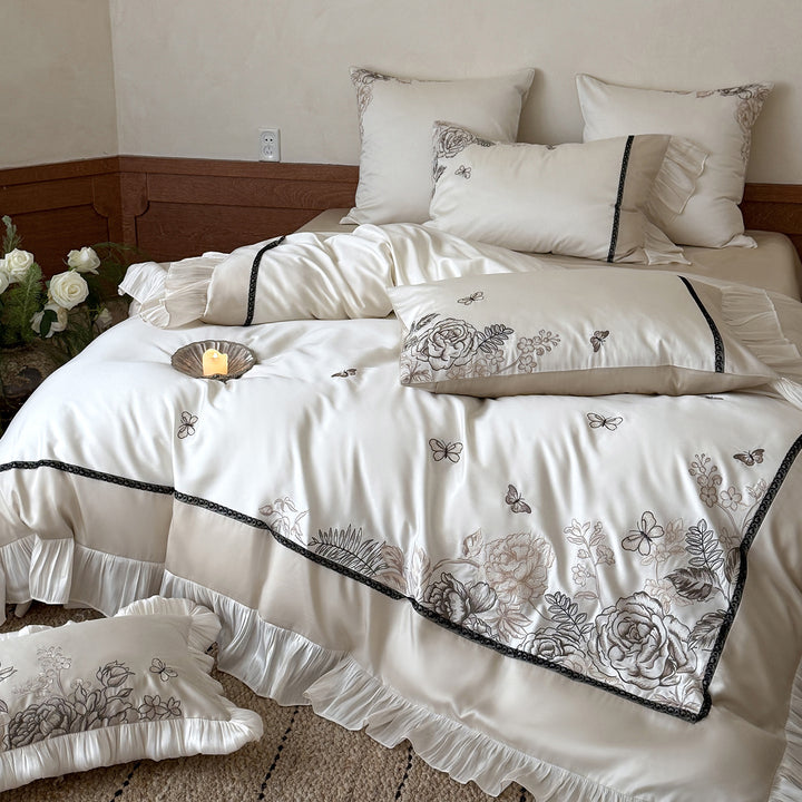 Embroidered Ruffled Satin-Look Duvet Cover Set with Floral & Butterfly Motif