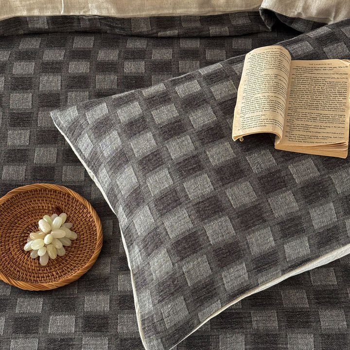 Woven Cotton-Linen Checkered Duvet Cover Set with Reversible Natural Back