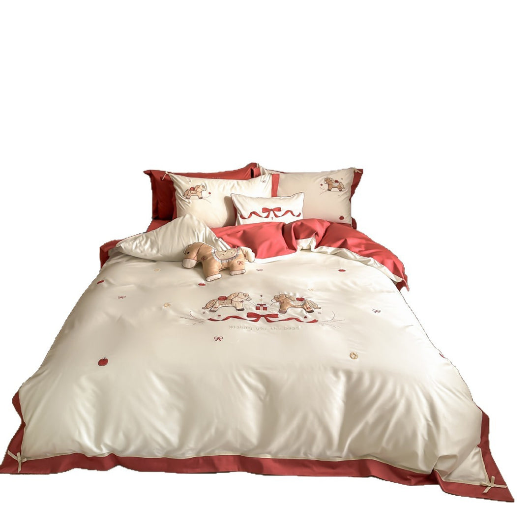 Satin bedding set with embroidered rocking horse motif