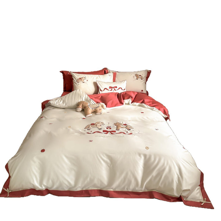 Satin bedding set with embroidered rocking horse motif