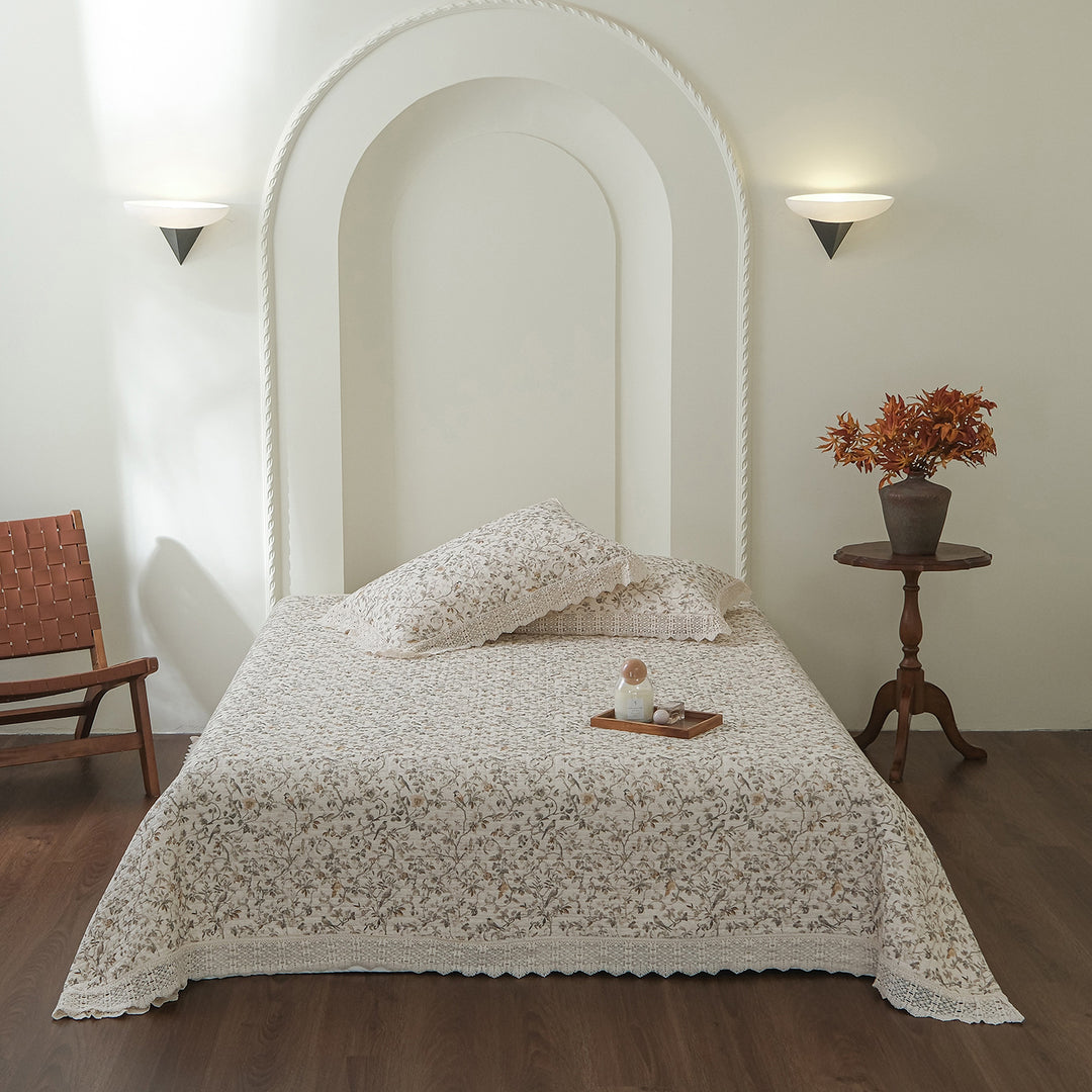 Hand-Quilted Vintage Floral Cotton Bedspread & Crochet-Edged Pillow Sham Set