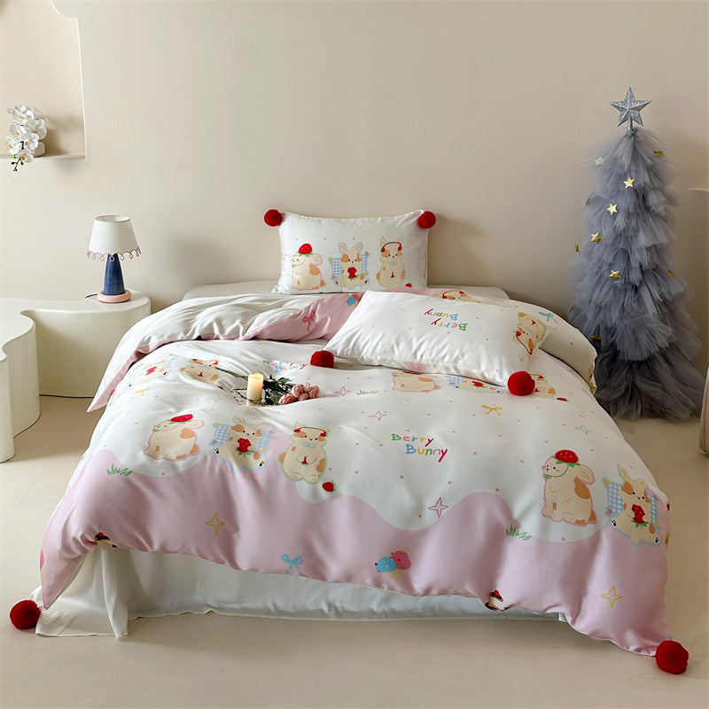 Children's bedding set with pompom corners and playful animal and heart print