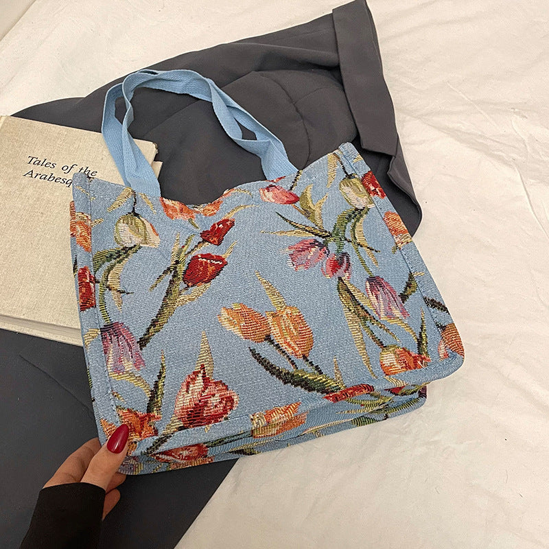 Floral Embroidered Shoulder Tote Bag