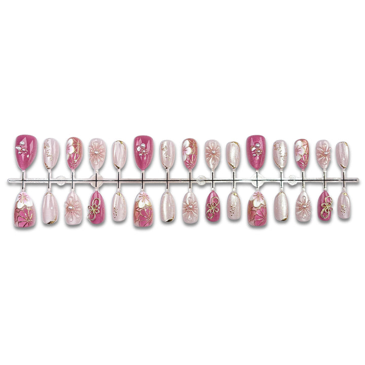 Decorative Press-On Nail Set with Floral and Jewel Accents