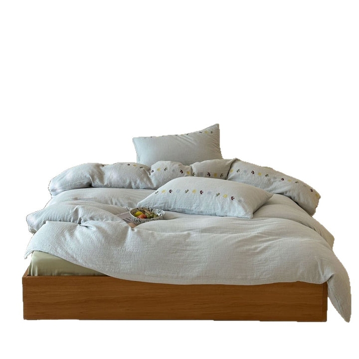 Washed Linen-Cotton Duvet Cover Ensemble with Hand-Embroidered Mini Floral Trim