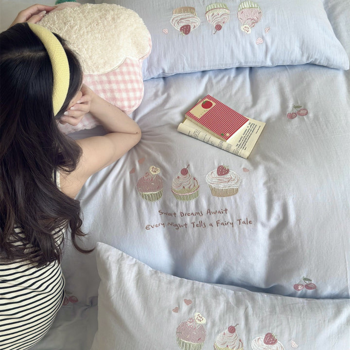 Embroidered Cupcake and Cherry Cotton Sateen Duvet Cover Set with Pillow Shams