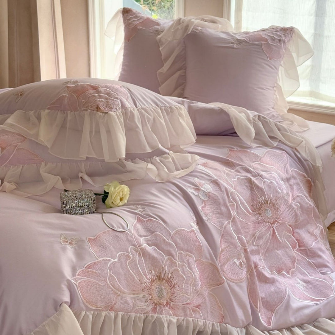 Romantic Chiffon-Ruffled Embroidered Floral Appliqué Duvet Cover Set