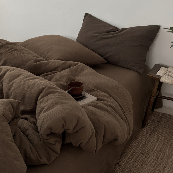 Washed Cotton Gauze Textured Duvet Cover Set with Deep-Pocket Fitted Sheet