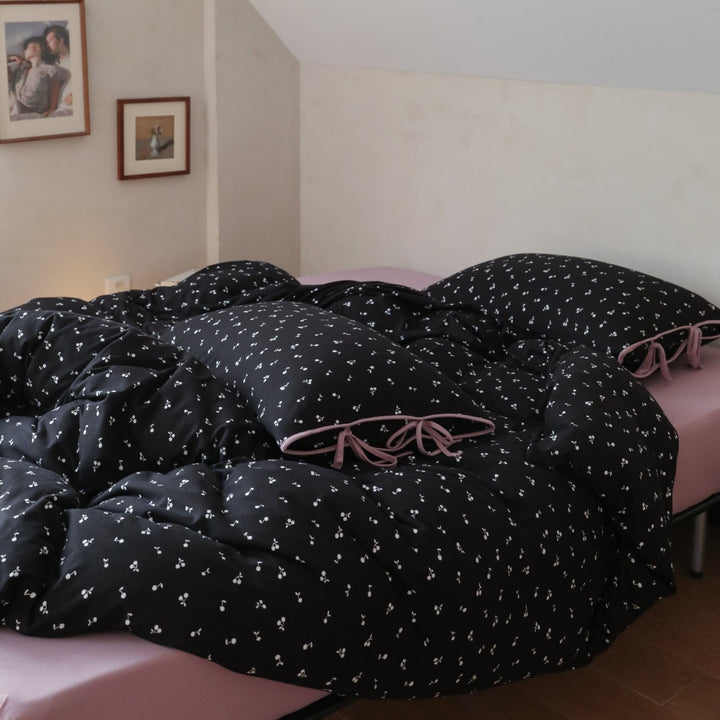 Cotton Reversible Duvet Cover Set with Decorative Tie Closures and Fitted Sheet