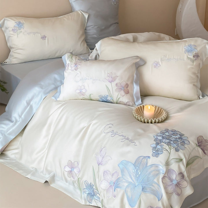 Botanical Embroidered Satin-Blend Duvet Cover Set with Pillow Shams