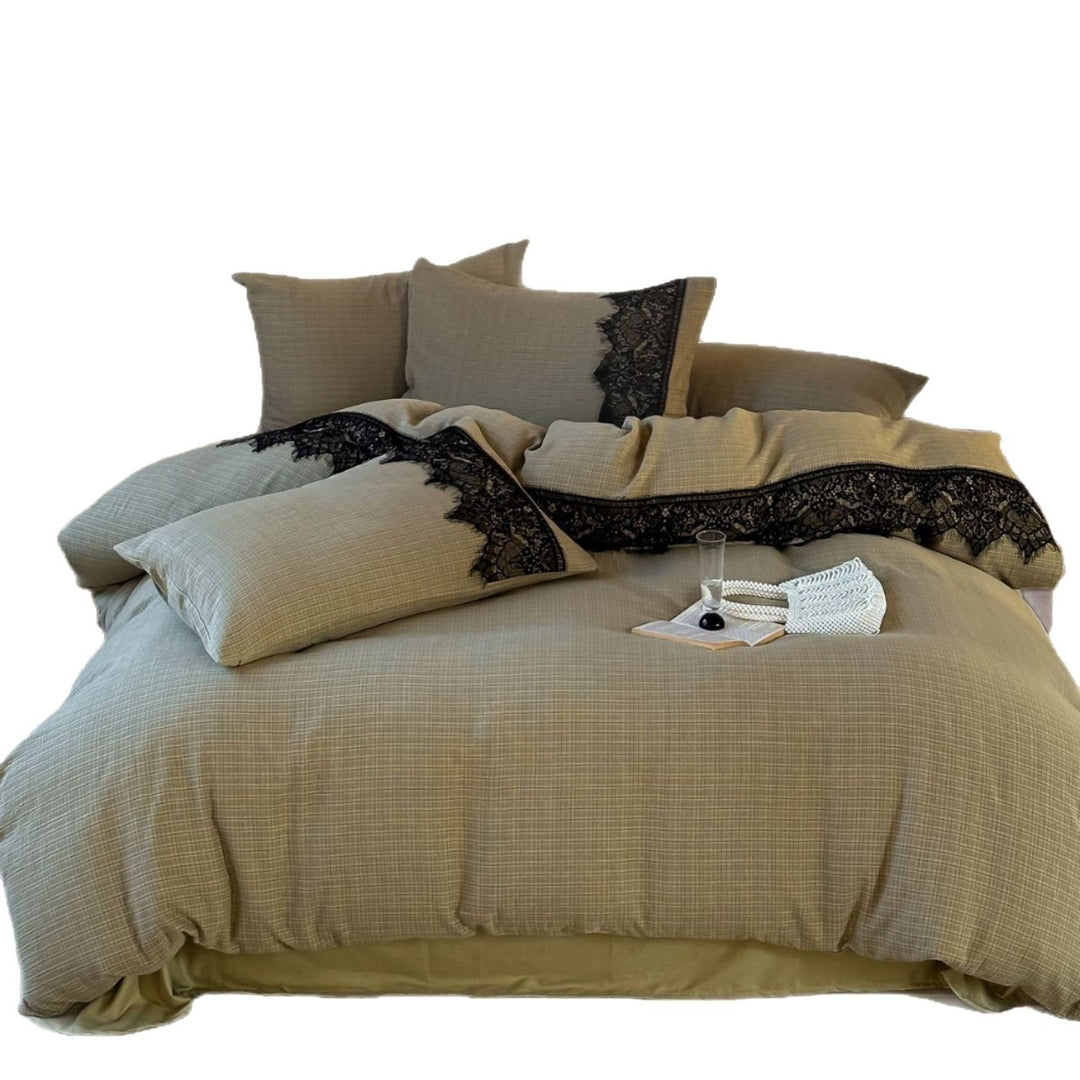 Bedding set in linen look with fine grid structure and decorative lace edge