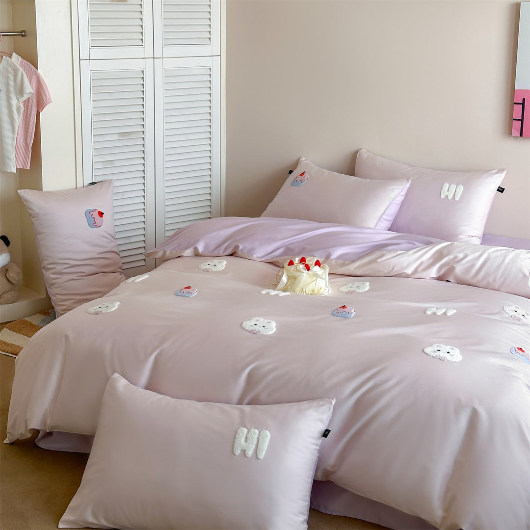 Embroidered Appliqué Satin-Like Duvet Cover Set with Pillow Shams