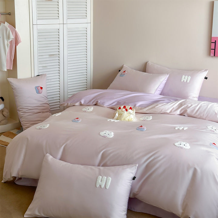Embroidered Appliqué Satin-Like Duvet Cover Set with Pillow Shams
