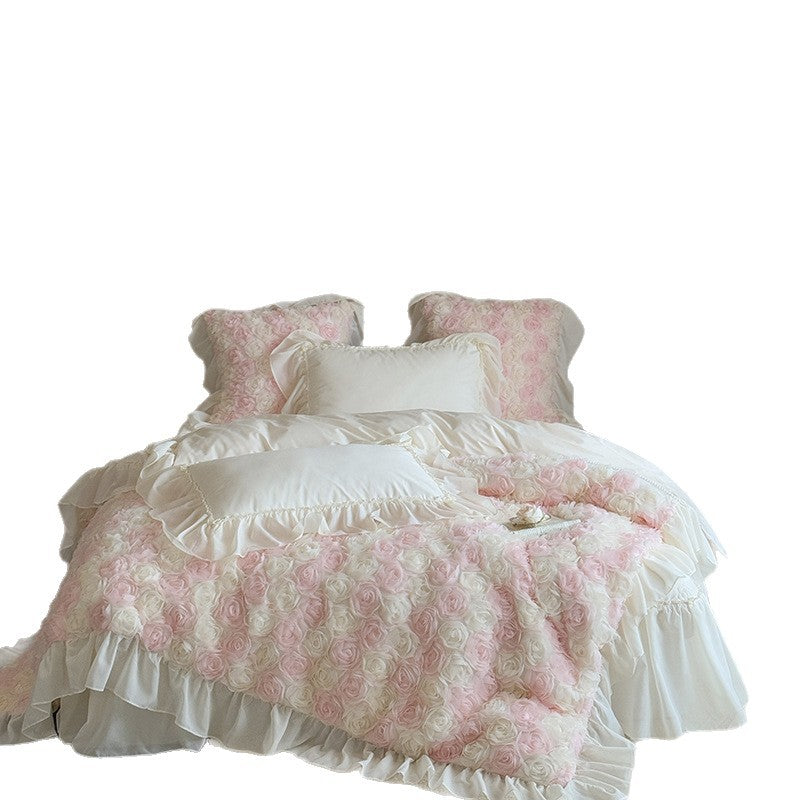 Romantic bedspread with 3D rose appliqué and ruffle