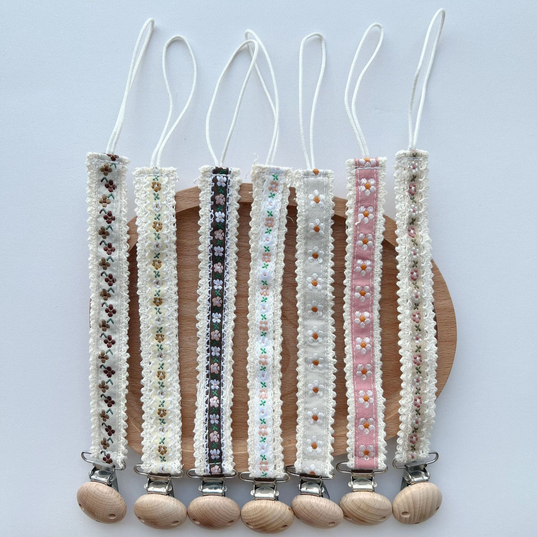 Natural Wooden Bead Pacifier Clip with Embroidered Cotton Lace Strap