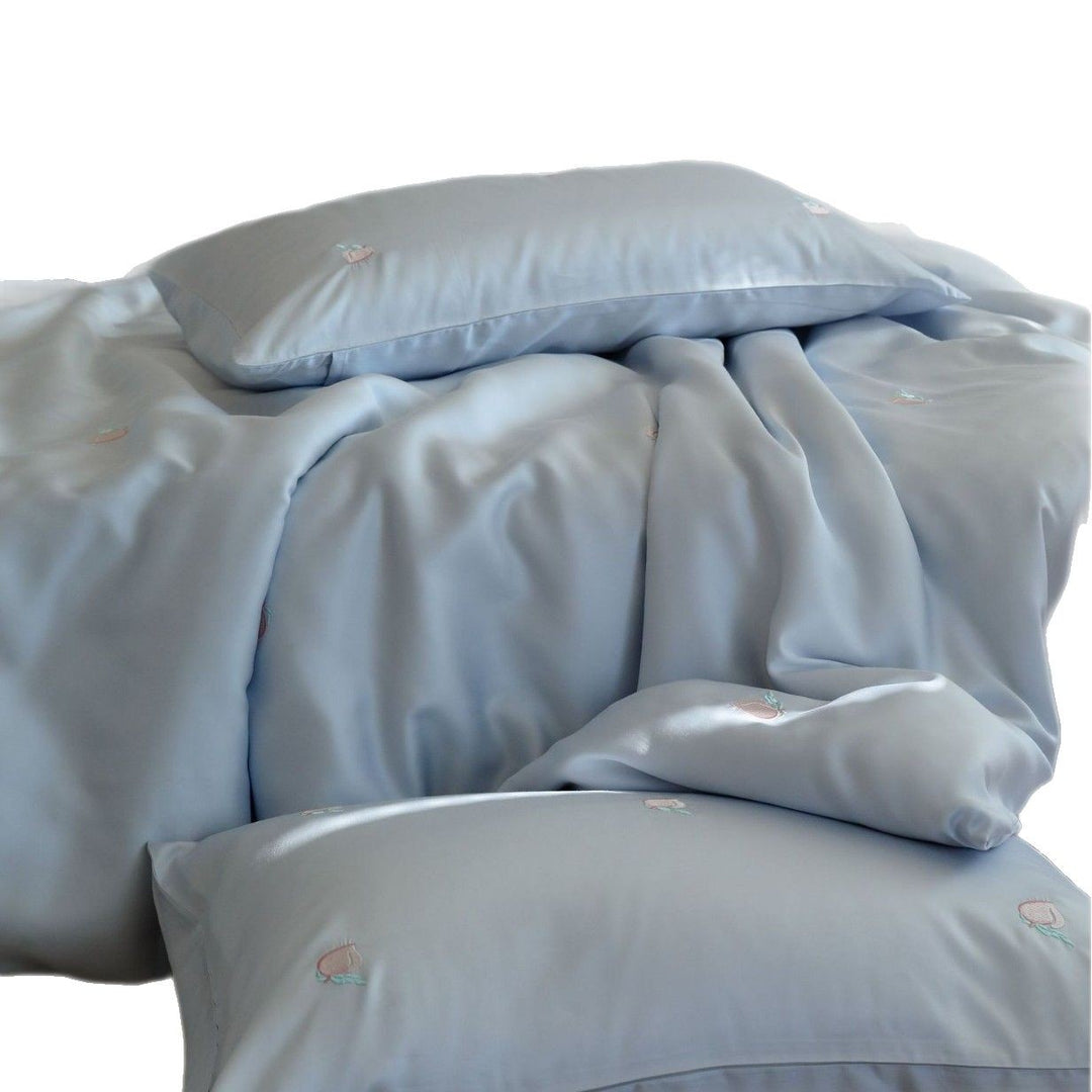 Embroidered Peach Motif Cotton Sateen Duvet Cover Set with Pillow Shams