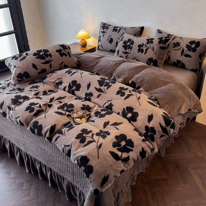 Plush Floral Flocked Reversible Duvet Comforter Set