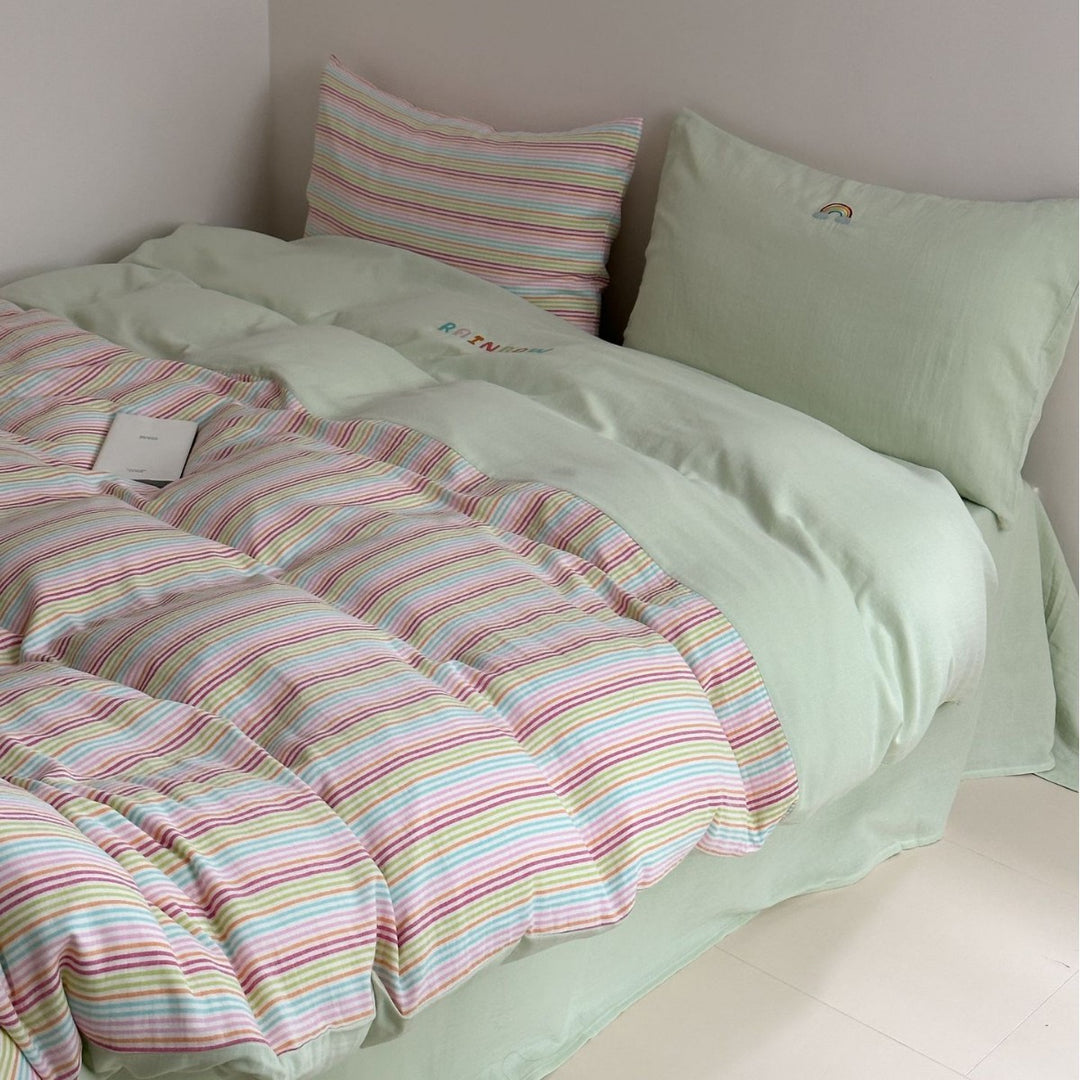Reversible Striped Cotton Duvet Cover Set with Embroidered Rainbow Accent