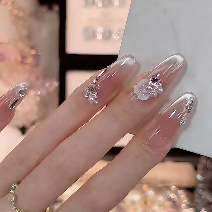 Glamorous artificial nail tips with 3D flower and crystal embellishments Stornfield