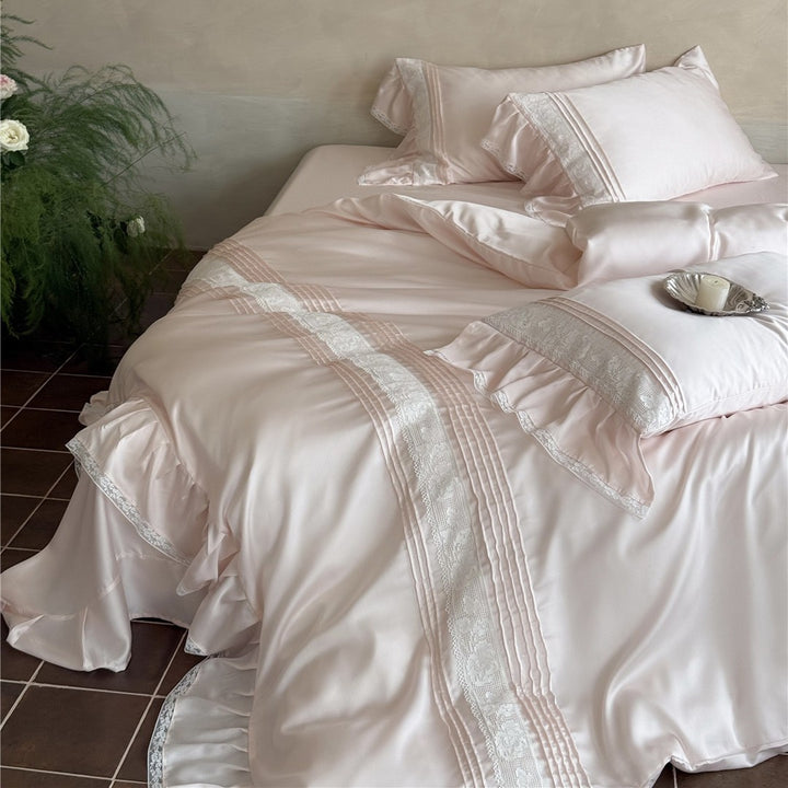 Luxury Satin Ruffled Lace-Trim Duvet Cover Set