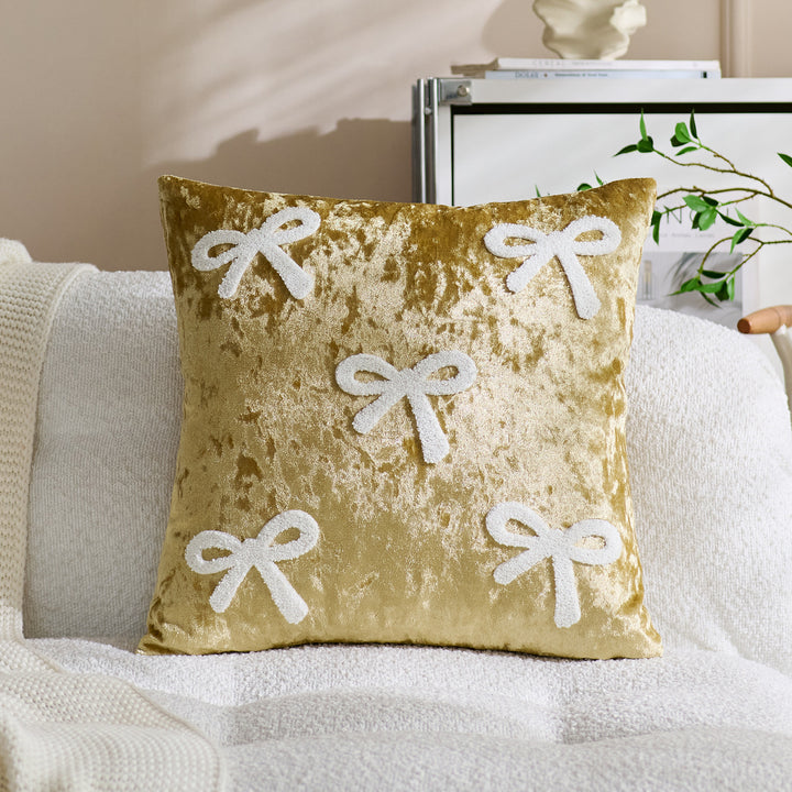 Embroidered Bouclé Bow Velvet Square Throw Pillow Cover
