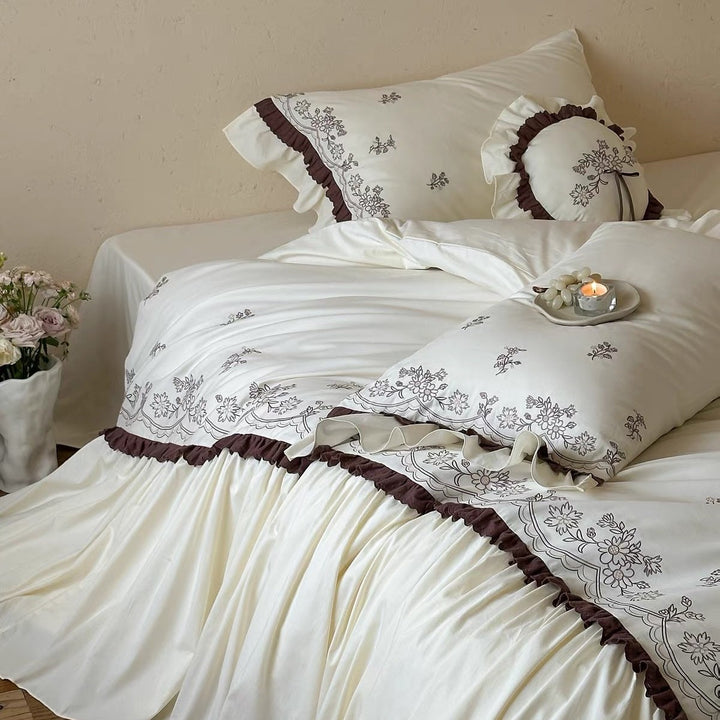 Embroidered Floral Sateen Duvet Cover with Ruffled Bed Skirt and Decorative Shams