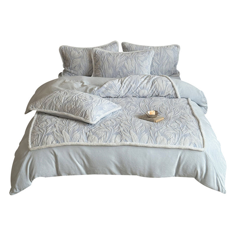 Botanical Embossed Quilted Duvet Cover Ensemble with Sherpa-Trim Reversible Throw and Euro Shams