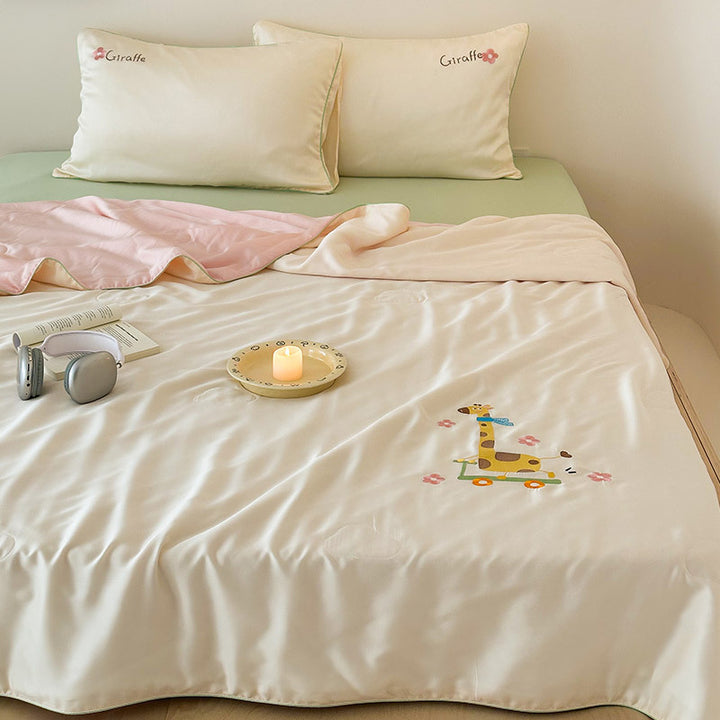 Children's satin bedding set with embroidered bunny moon and silky reversible throw