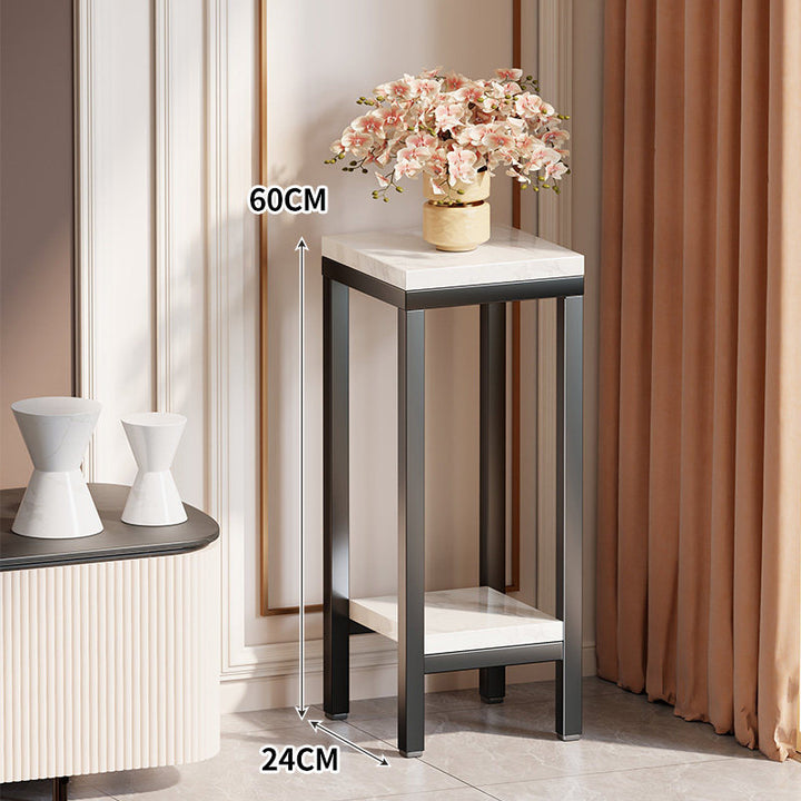 Tall Narrow Marble-Top Plant Stand Side Table with Lower Shelf and Gold Metal Frame