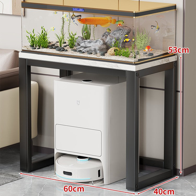 Gold Metal Aquarium Console Table with Faux Marble Top and Robot Vacuum Storage